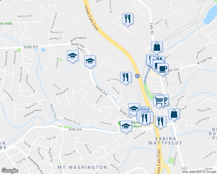 map of restaurants, bars, coffee shops, grocery stores, and more near 6014 Terrace Road in Baltimore