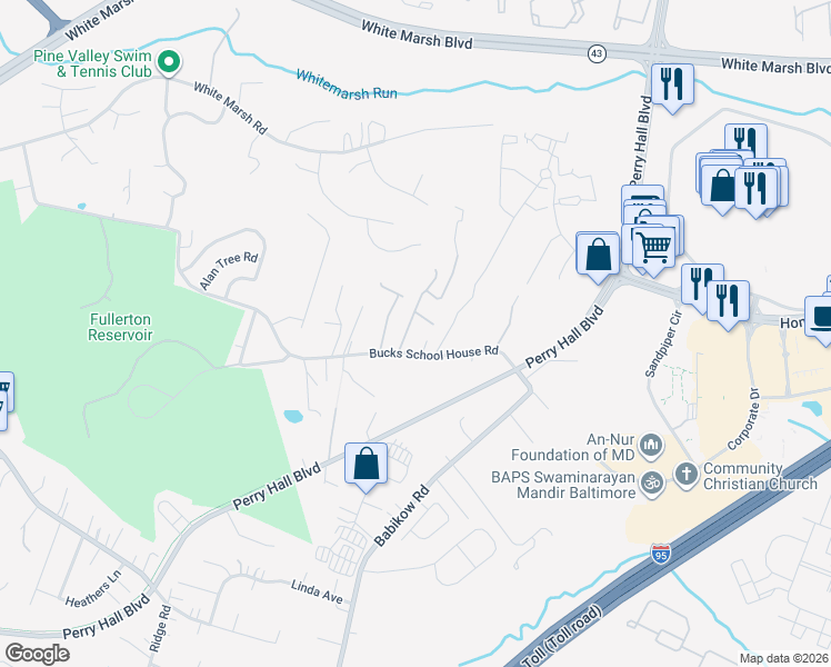 map of restaurants, bars, coffee shops, grocery stores, and more near 6 Comes Ridge Court in White Marsh