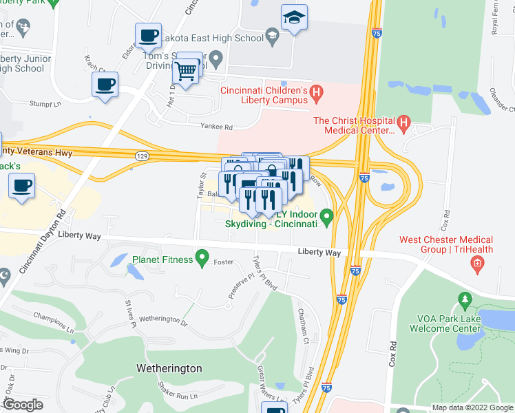 map of restaurants, bars, coffee shops, grocery stores, and more near 7600 Gibson Street in Butler County