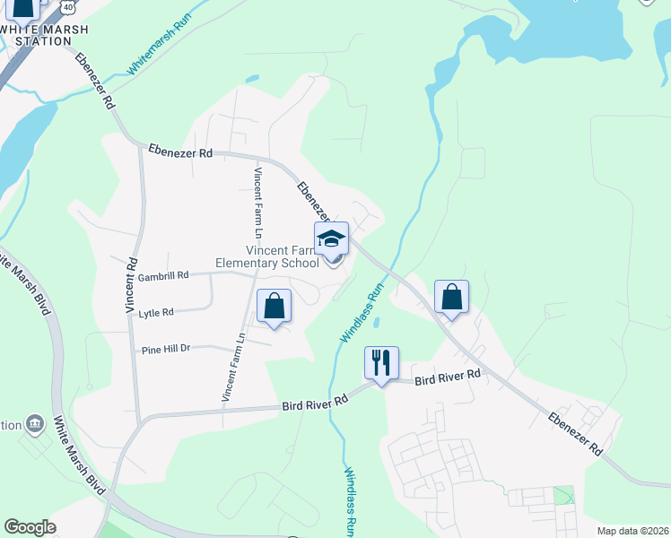 map of restaurants, bars, coffee shops, grocery stores, and more near 6019 Ebenezer Road in White Marsh