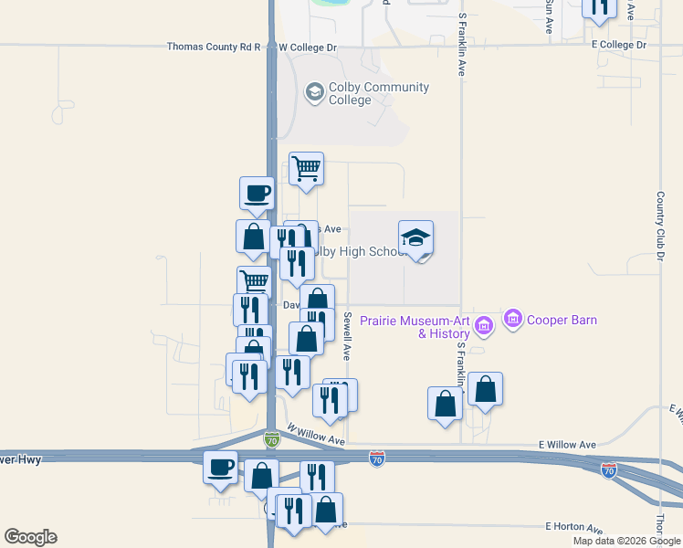 map of restaurants, bars, coffee shops, grocery stores, and more near 1765 Dylan Drive in Colby
