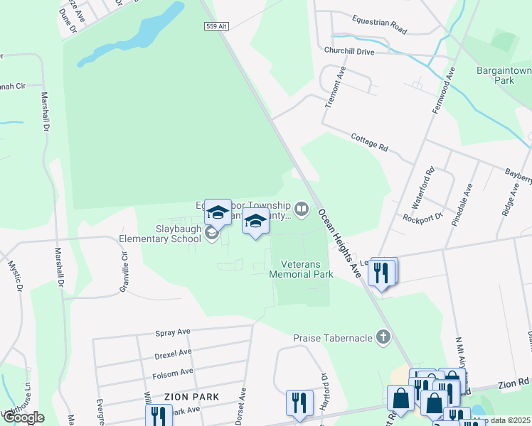 map of restaurants, bars, coffee shops, grocery stores, and more near 13 Swift Drive in Egg Harbor Township
