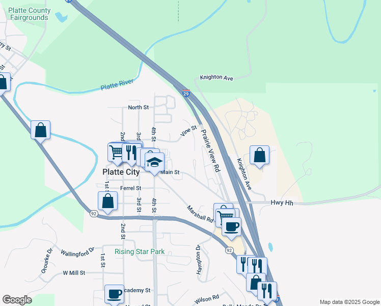 map of restaurants, bars, coffee shops, grocery stores, and more near 21 South Vine View Street in Platte City