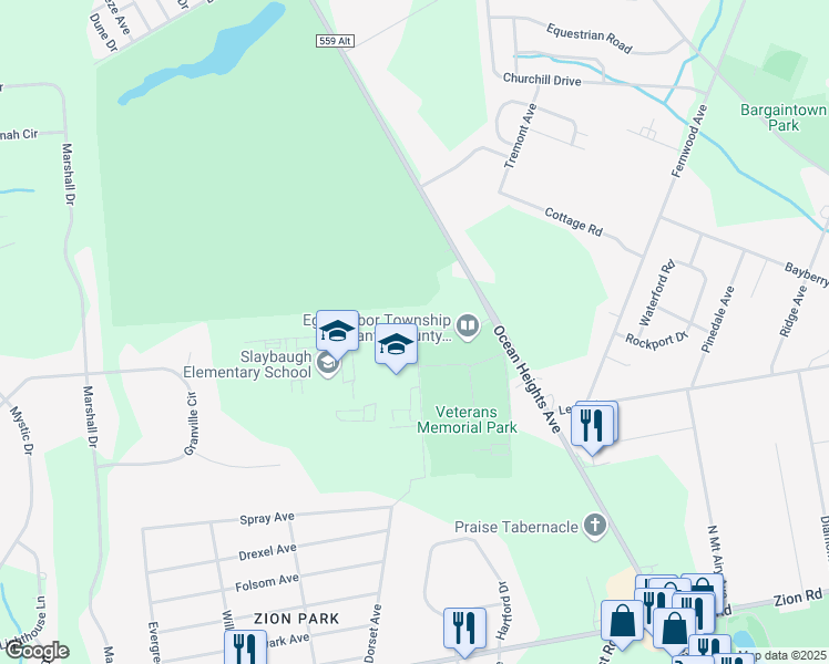 map of restaurants, bars, coffee shops, grocery stores, and more near 11 Swift Drive in Egg Harbor Township