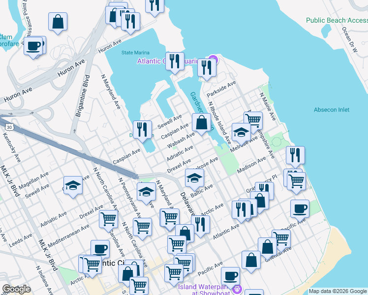 map of restaurants, bars, coffee shops, grocery stores, and more near 604 Wabash Avenue in Atlantic City