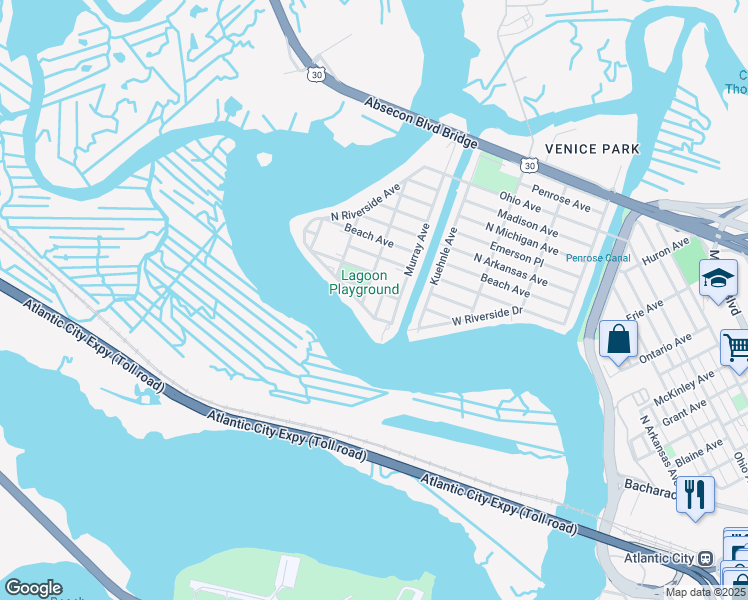map of restaurants, bars, coffee shops, grocery stores, and more near 1801 North Mississippi Avenue in Atlantic City