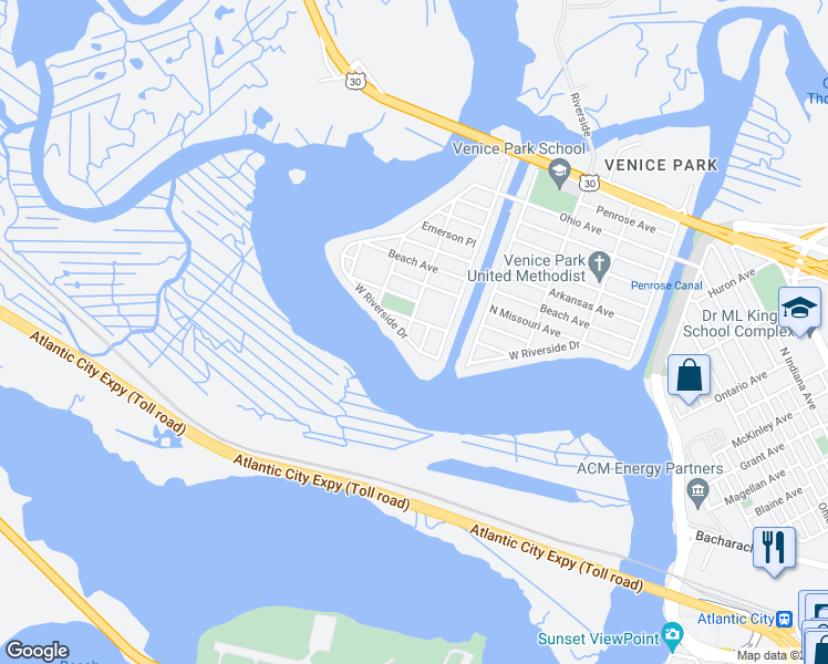 map of restaurants, bars, coffee shops, grocery stores, and more near 1801 North Mississippi Avenue in Atlantic City