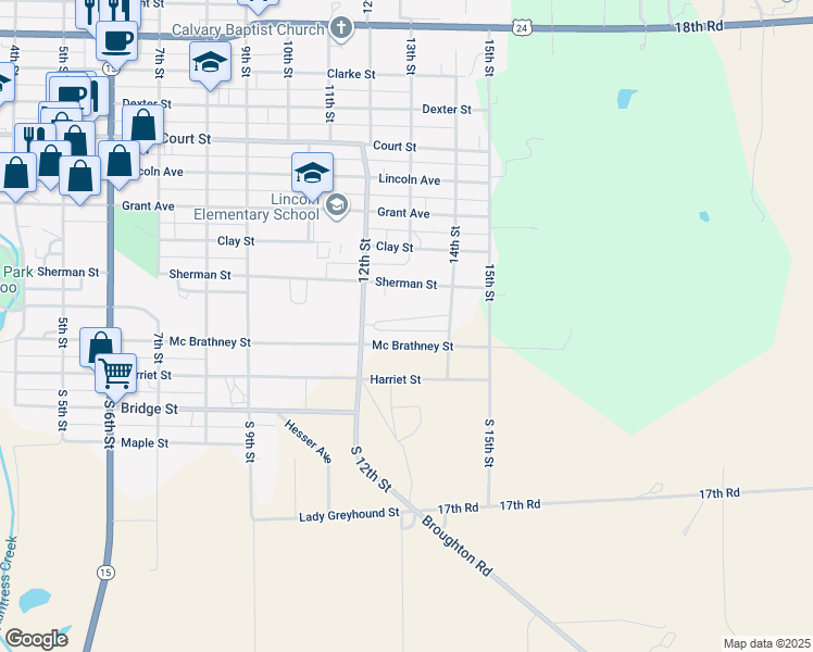 map of restaurants, bars, coffee shops, grocery stores, and more near 1200-1398 Sherman Street in Clay Center