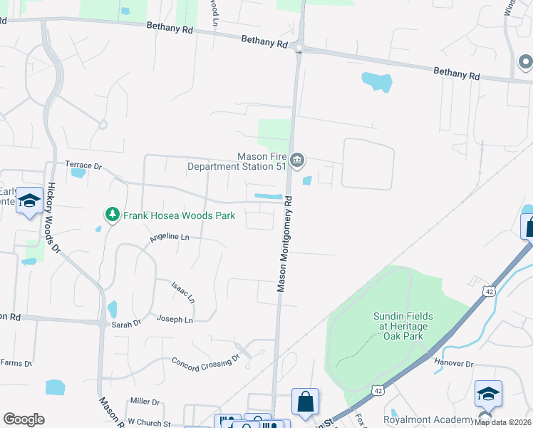 map of restaurants, bars, coffee shops, grocery stores, and more near 4624 Court Yard Drive in Mason