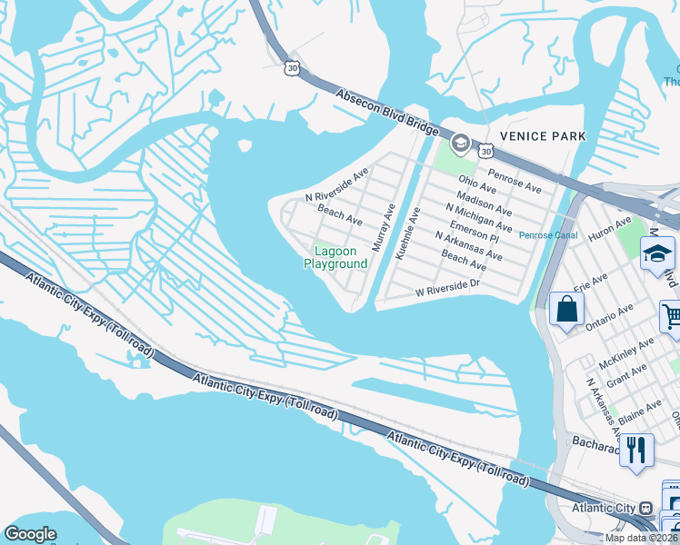 map of restaurants, bars, coffee shops, grocery stores, and more near 1801 North Mississippi Avenue in Atlantic City