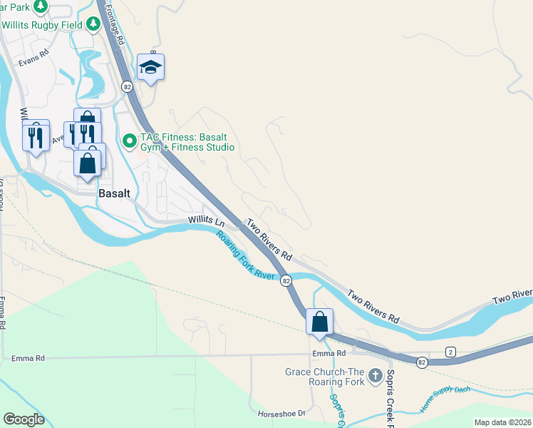 map of restaurants, bars, coffee shops, grocery stores, and more near 80 Hillcrest Drive in Basalt