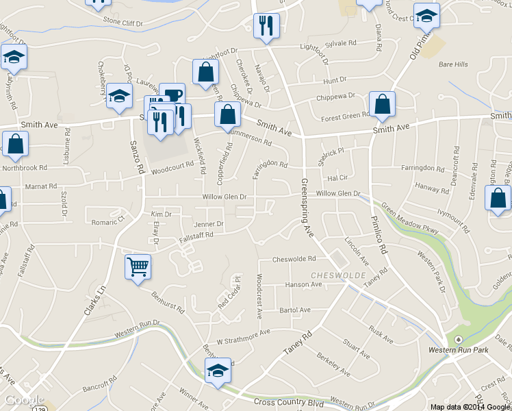 map of restaurants, bars, coffee shops, grocery stores, and more near 2901 Fallstaff Road in Baltimore