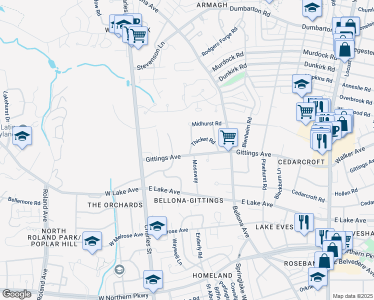 map of restaurants, bars, coffee shops, grocery stores, and more near 6300 Mossway in Baltimore