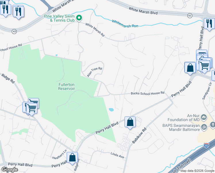 map of restaurants, bars, coffee shops, grocery stores, and more near 4900 Bucks School House Road in Rosedale