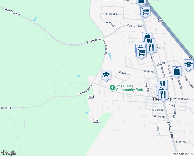 map of restaurants, bars, coffee shops, grocery stores, and more near 7755 Lemaster Road in Athens