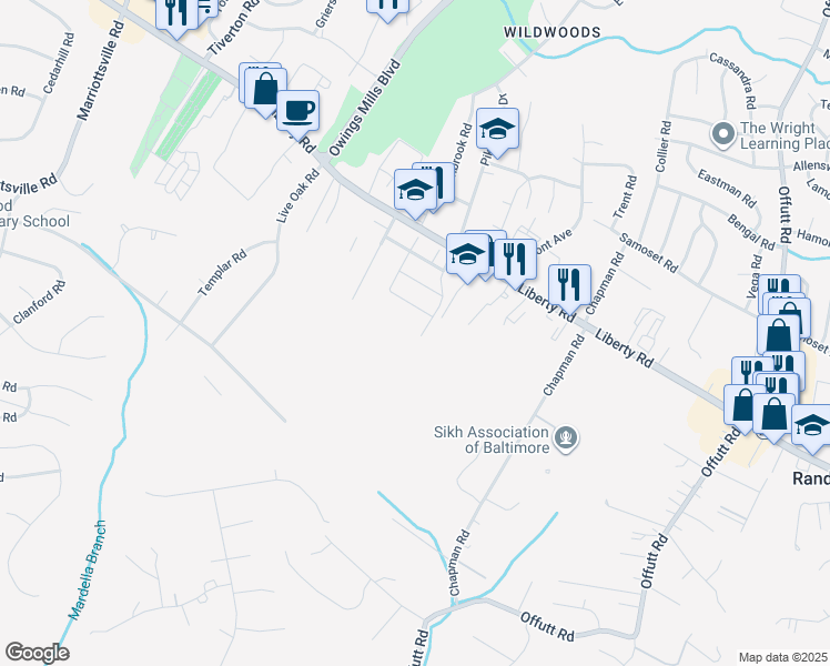 map of restaurants, bars, coffee shops, grocery stores, and more near 3536 Carriage Hill Circle in Randallstown
