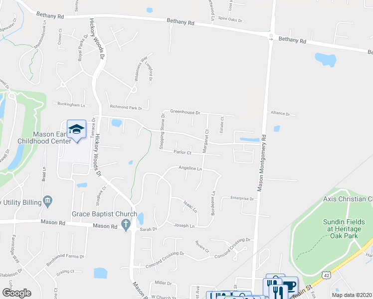 map of restaurants, bars, coffee shops, grocery stores, and more near 5342 Parlor Court in Mason