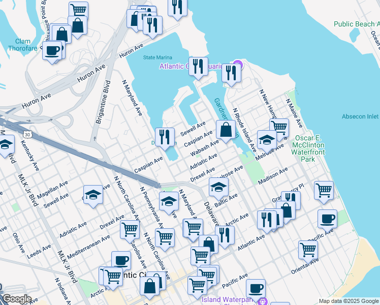 map of restaurants, bars, coffee shops, grocery stores, and more near 717 Wabash Avenue in Atlantic City