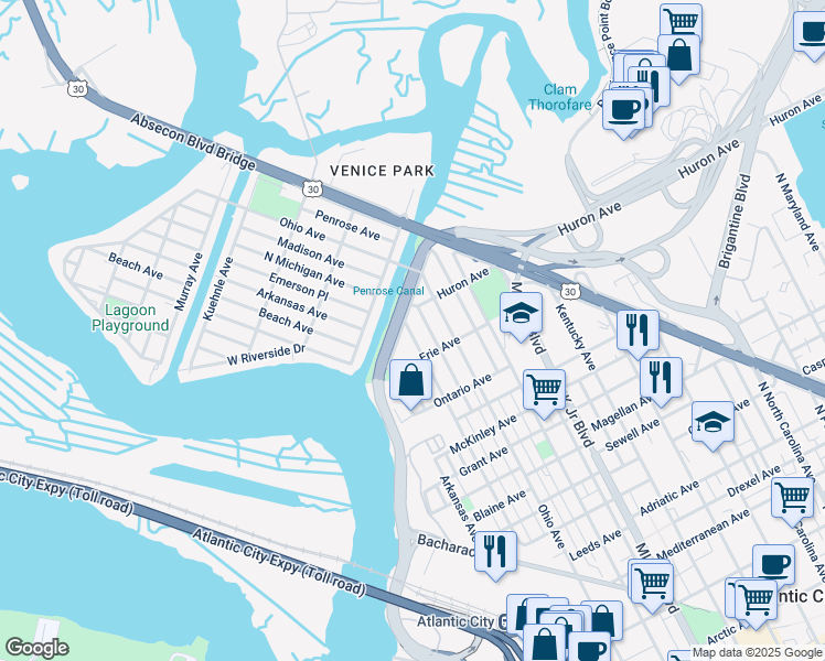map of restaurants, bars, coffee shops, grocery stores, and more near 1242 Monroe Avenue in Atlantic City