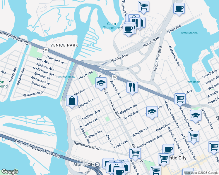 map of restaurants, bars, coffee shops, grocery stores, and more near 1063 North Doctor Martin Luther King Boulevard in Atlantic City