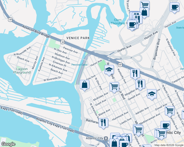 map of restaurants, bars, coffee shops, grocery stores, and more near 1222 Penrose Avenue in Atlantic City
