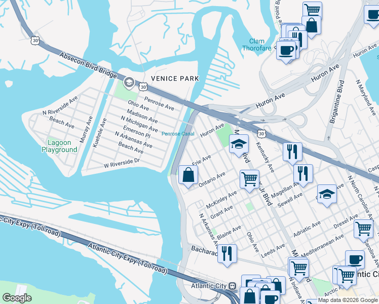 map of restaurants, bars, coffee shops, grocery stores, and more near 1242 Monroe Avenue in Atlantic City