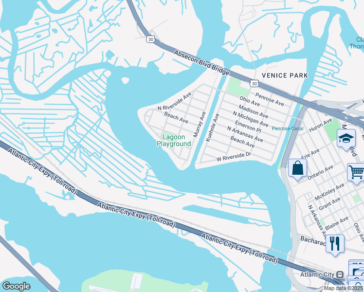map of restaurants, bars, coffee shops, grocery stores, and more near 1801 North Mississippi Avenue in Atlantic City