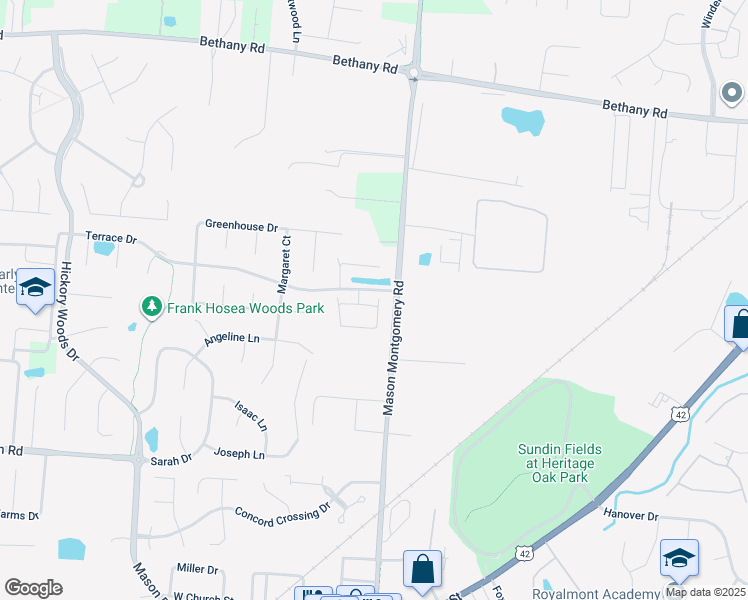 map of restaurants, bars, coffee shops, grocery stores, and more near 4624 Court Yard Drive in Mason