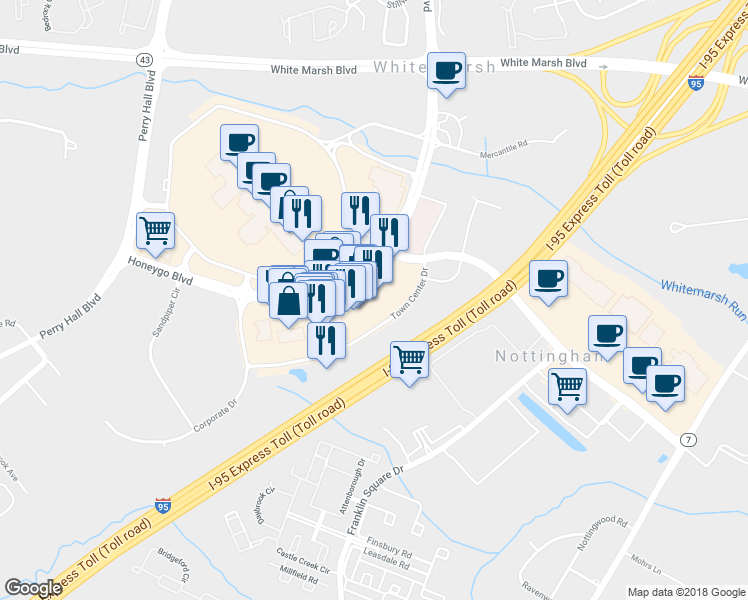 map of restaurants, bars, coffee shops, grocery stores, and more near 8165 Honeygo Blvd in White Marsh