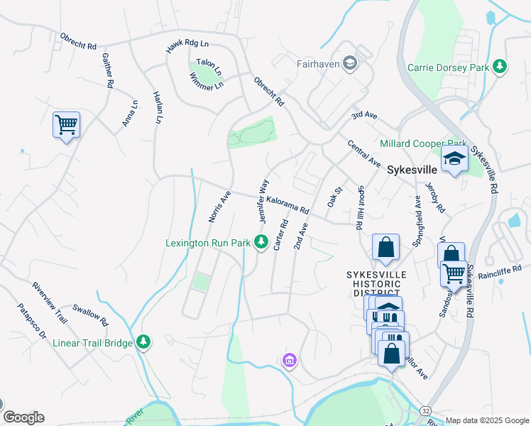 map of restaurants, bars, coffee shops, grocery stores, and more near 7331 Jennifer Way in Sykesville