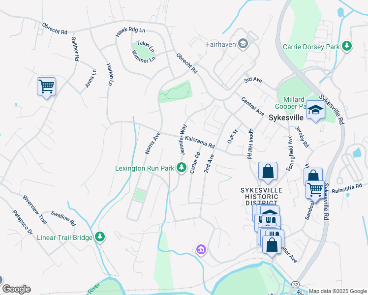 map of restaurants, bars, coffee shops, grocery stores, and more near 7331 Jennifer Way in Sykesville