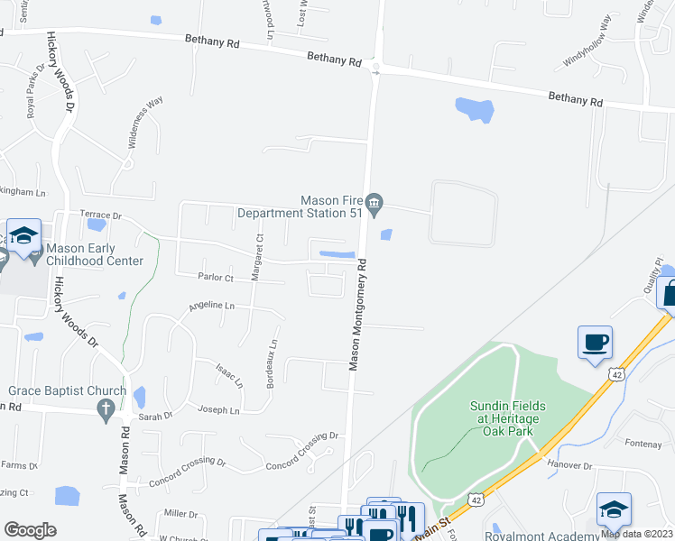 map of restaurants, bars, coffee shops, grocery stores, and more near 4618 Court Yard Drive in Mason