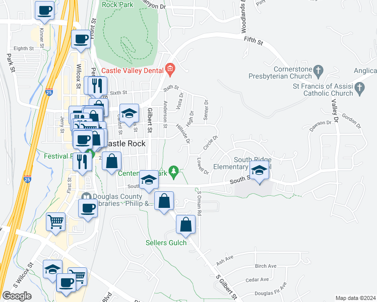 map of restaurants, bars, coffee shops, grocery stores, and more near 237 Hillside Drive in Castle Rock