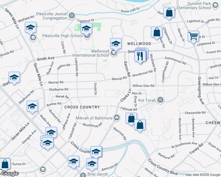 map of restaurants, bars, coffee shops, grocery stores, and more near 3014 Fallstaff Manor Court in Baltimore
