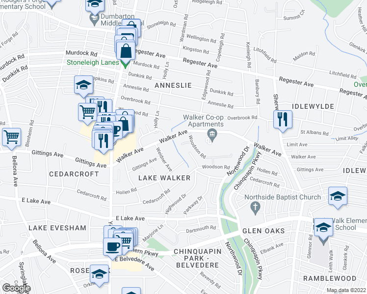 map of restaurants, bars, coffee shops, grocery stores, and more near 920 Woodson Road in Baltimore