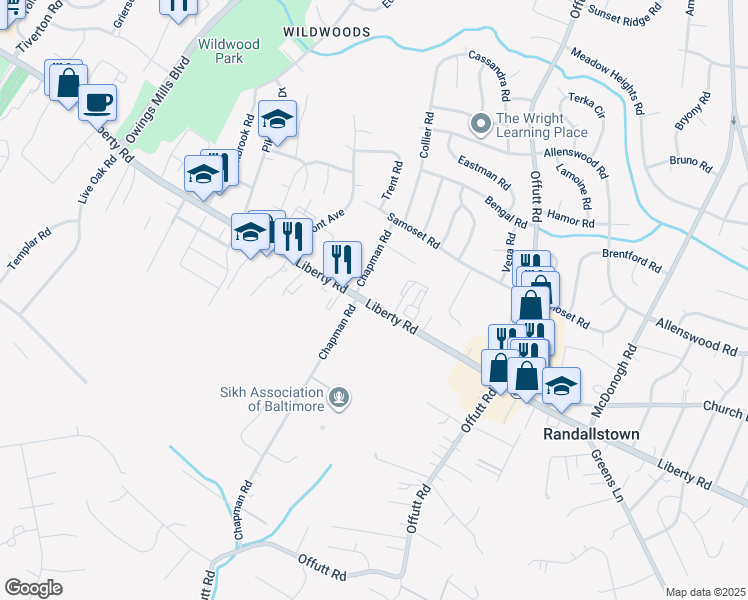 map of restaurants, bars, coffee shops, grocery stores, and more near 9214 Liberty Road in Randallstown
