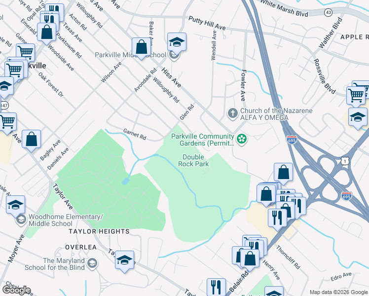 map of restaurants, bars, coffee shops, grocery stores, and more near 8211 Glen Road in Parkville