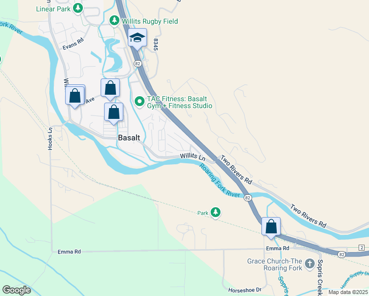 map of restaurants, bars, coffee shops, grocery stores, and more near 20744-21050 State Highway 82 in Basalt