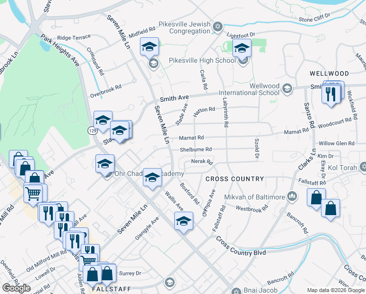 map of restaurants, bars, coffee shops, grocery stores, and more near 3310 Shelburne Road in Pikesville