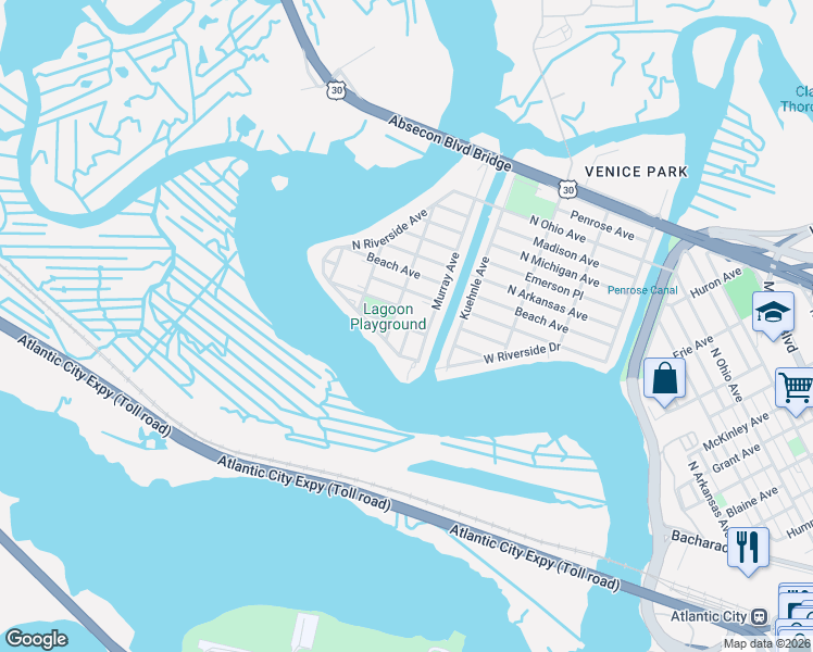 map of restaurants, bars, coffee shops, grocery stores, and more near 1801 North Mississippi Avenue in Atlantic City