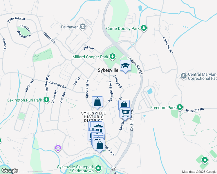 map of restaurants, bars, coffee shops, grocery stores, and more near 7326 Springfield Avenue in Sykesville