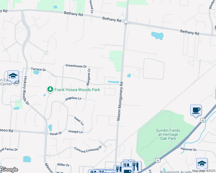 map of restaurants, bars, coffee shops, grocery stores, and more near 4623 Court Yard Drive in Mason