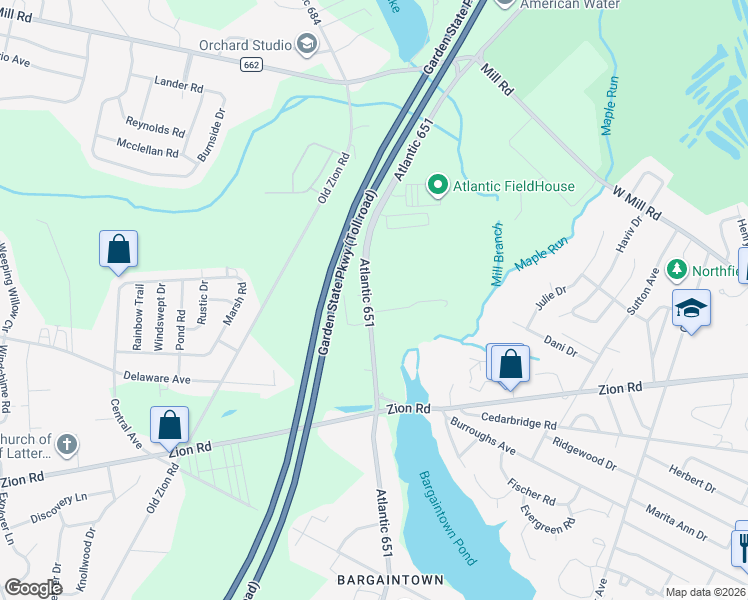 map of restaurants, bars, coffee shops, grocery stores, and more near 3346 Bargaintown Road in Egg Harbor Township