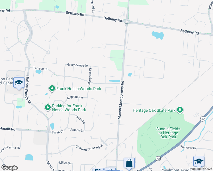 map of restaurants, bars, coffee shops, grocery stores, and more near 4609 Court Yard Drive in Mason