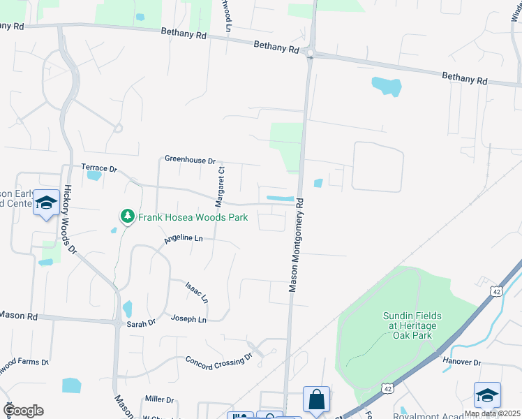 map of restaurants, bars, coffee shops, grocery stores, and more near 4623 Court Yard Drive in Mason