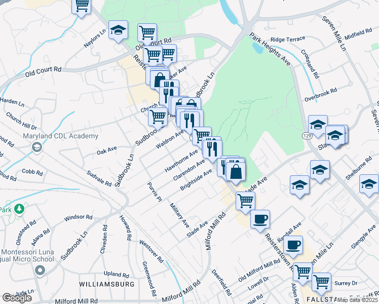 map of restaurants, bars, coffee shops, grocery stores, and more near 8 Hawthorne Avenue in Pikesville