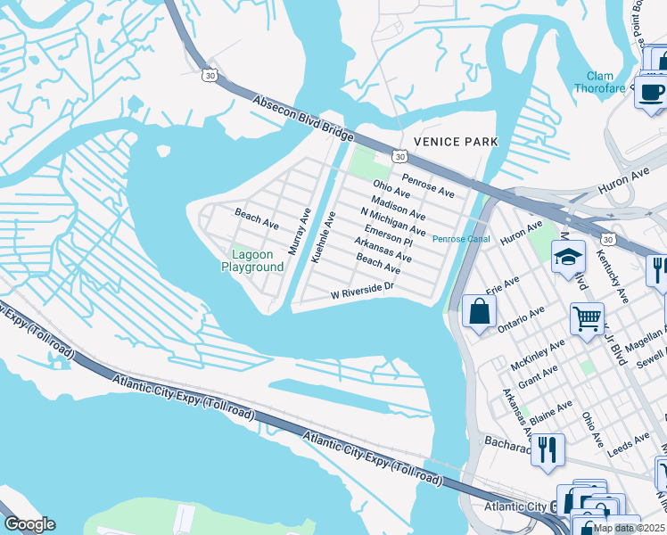 map of restaurants, bars, coffee shops, grocery stores, and more near 1612 North Missouri Avenue in Atlantic City