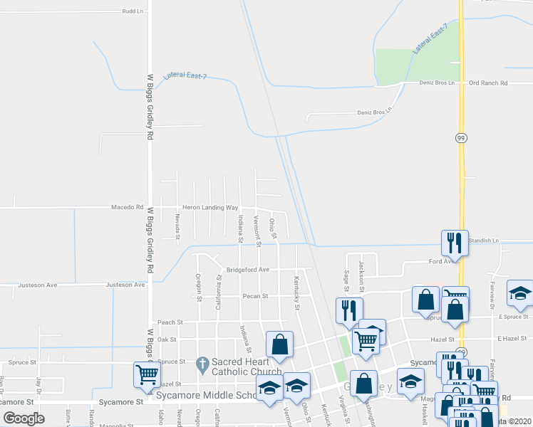 map of restaurants, bars, coffee shops, grocery stores, and more near 1875 Ohio Street in Gridley