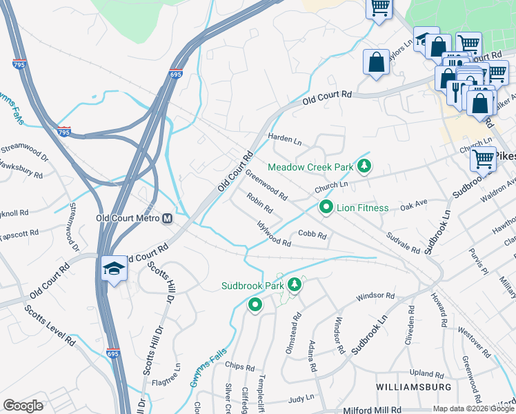 map of restaurants, bars, coffee shops, grocery stores, and more near 1312 Robin Road in Pikesville