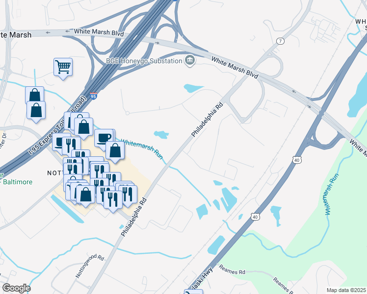 map of restaurants, bars, coffee shops, grocery stores, and more near 10299 Philadelphia Road in White Marsh